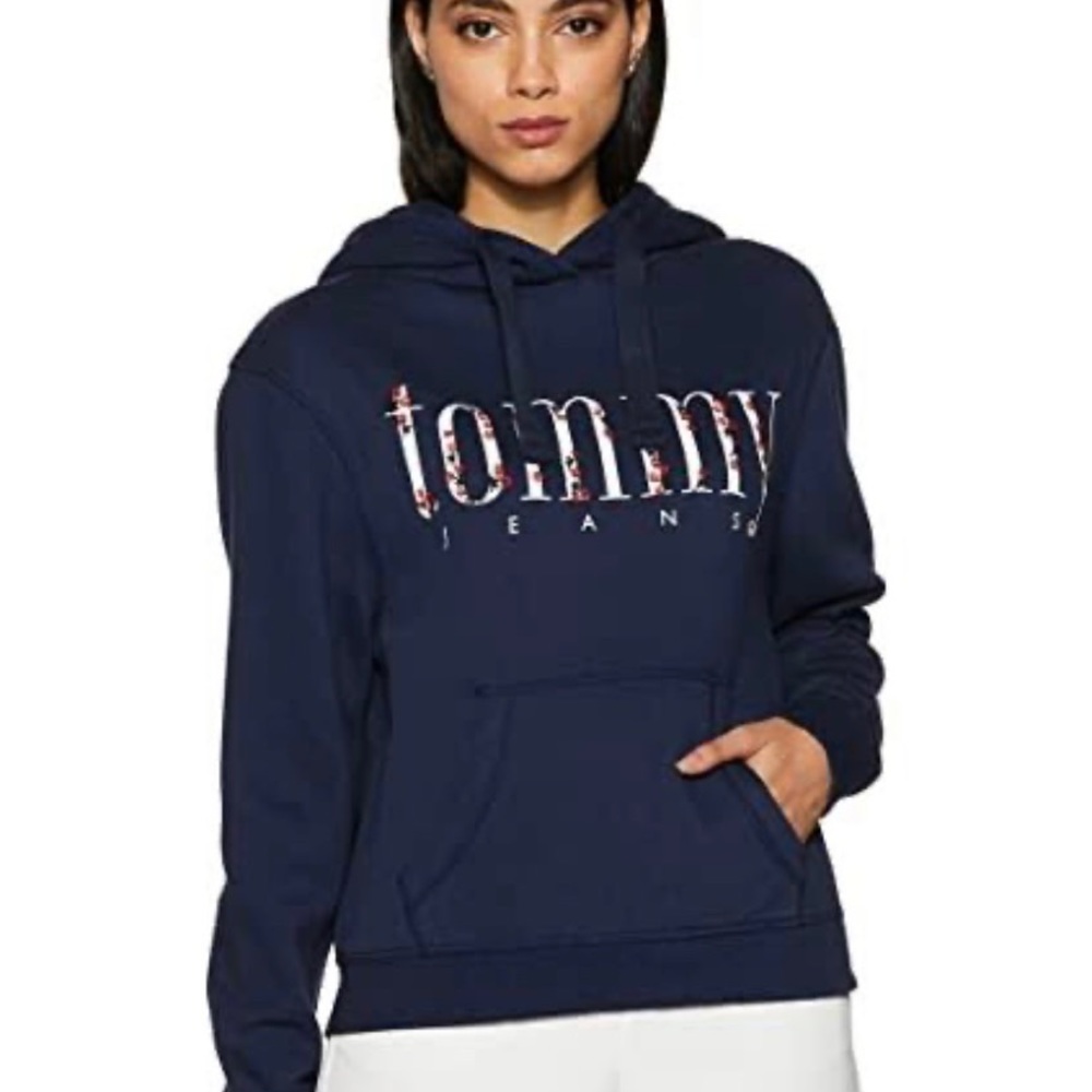 TOMMY HILFIGER NAVY EMBROIDERED FLEECE HOODIE - Picture 8 of 9